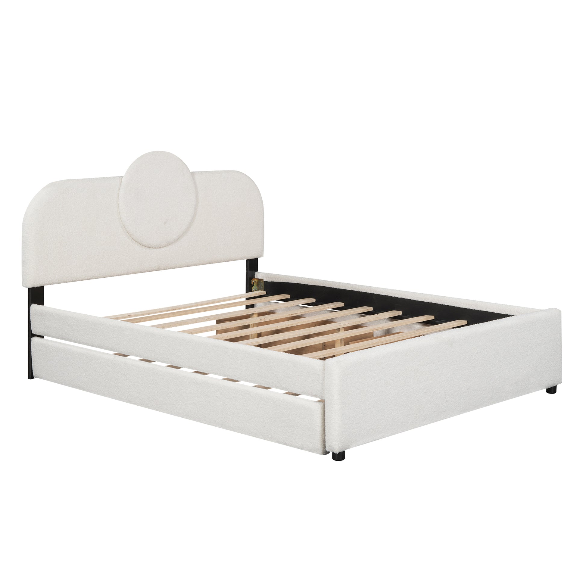 Queen Size Upholstered Platform Bed With Multi Functional Headboard, Trundle And 2 Drawers, White Box Spring Not Required Queen White Wood Bedroom Upholstered
