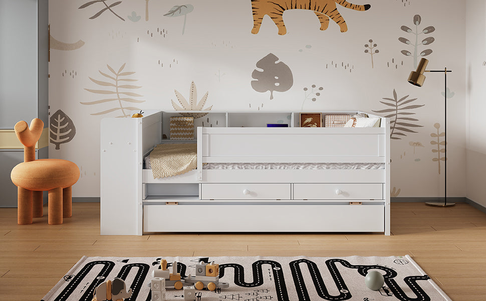 Multi Functional Twin Daybed With Drawers And Trundle, Headboard Storage And Tables, Usb Charging Station, White Box Spring Not Required Twin White Wood Daybeds Pine