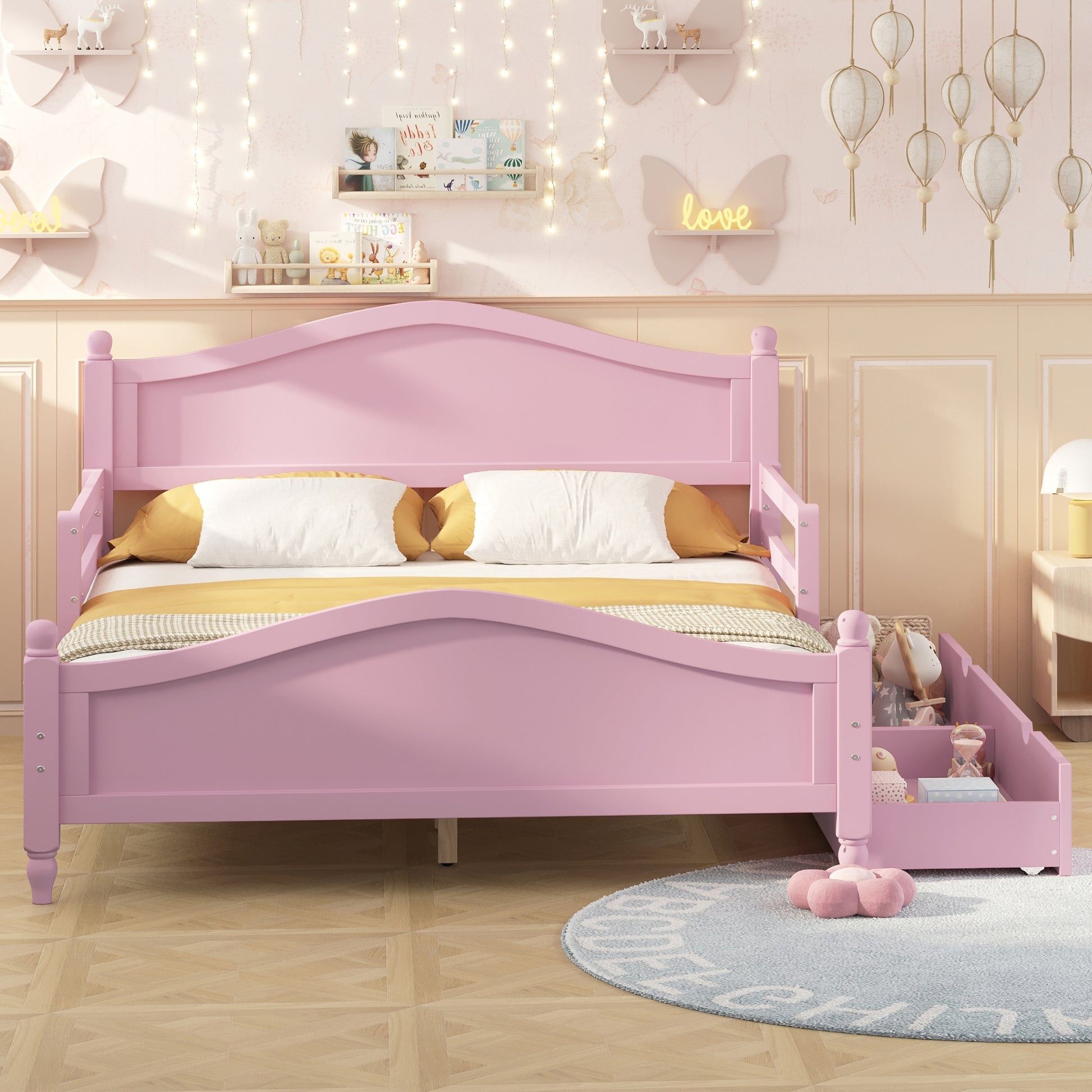 Full Size Wood Platform Bed With Guardrails On Both Sides And Two Storage Drawers ,Pink Full Pink Wood