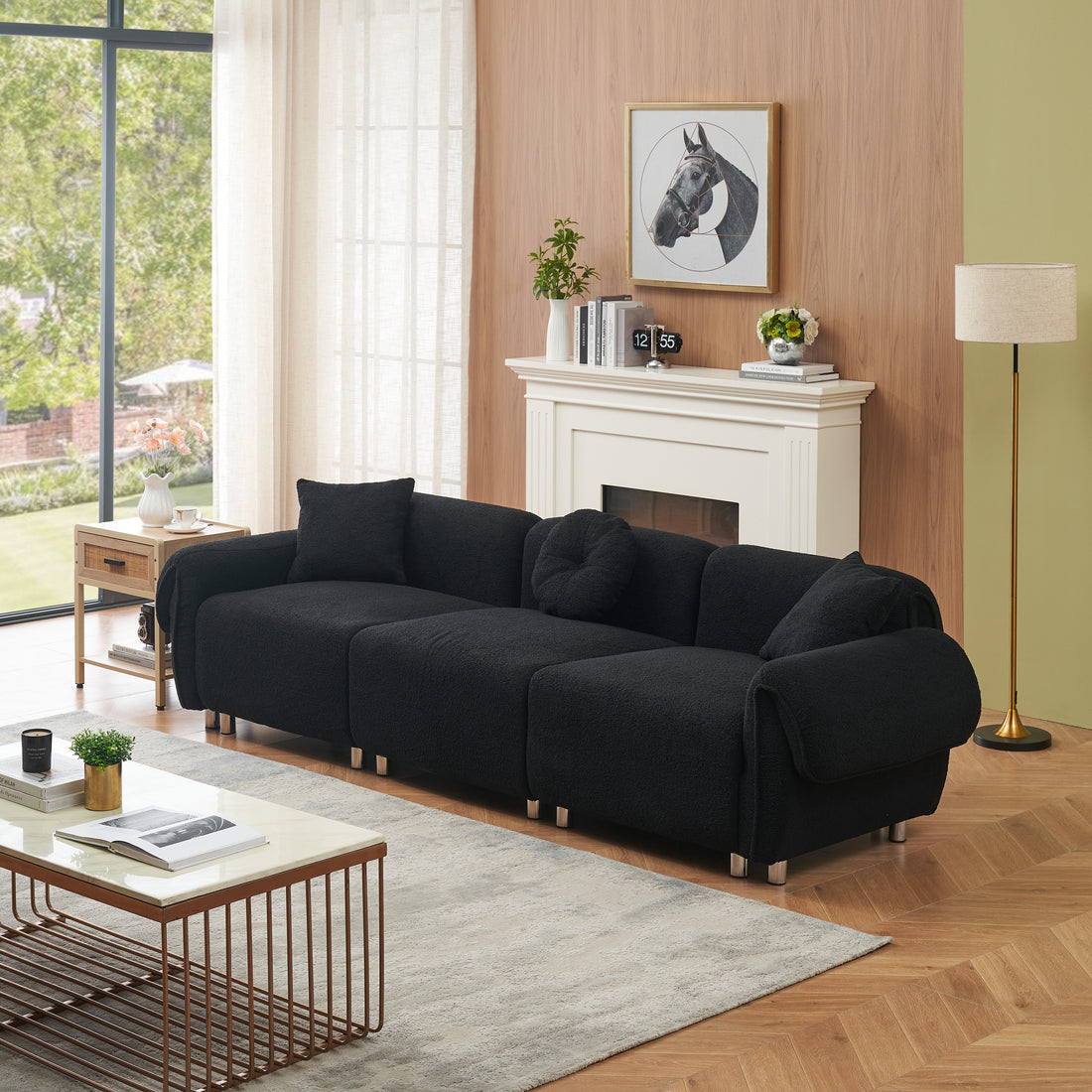 24005 Black Teddy Velvet Fabric, With 3 Pillows, Three Person Sofa Can Be Placed In The Living Room And Other Scenes Black Polyester Blend 3 Seat