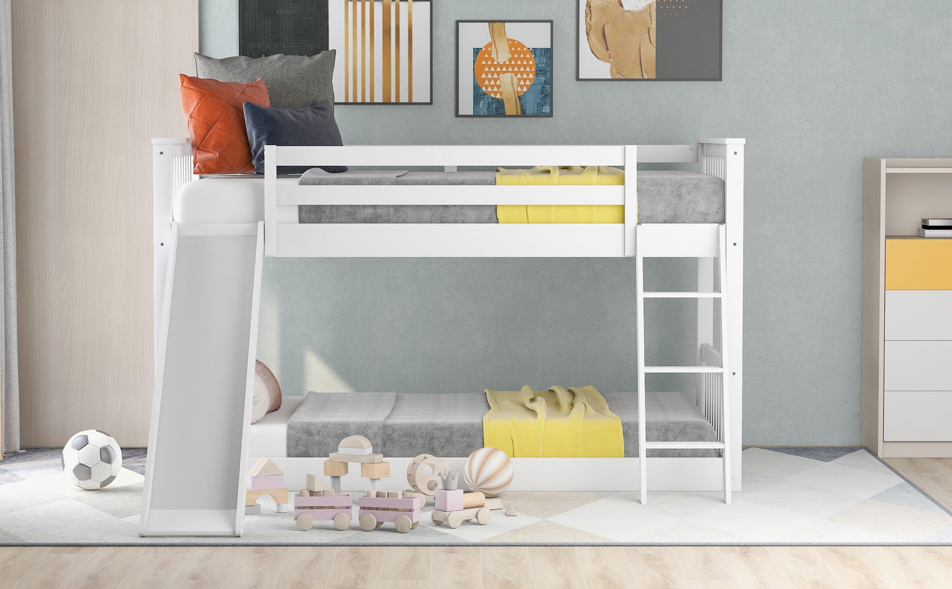 Twin Over Twin Bunk Bed With Convertible Slide And Ladder, White Old Sku: Sm000213 Box Spring Not Required Twin White Wood Bedroom Bunk Pine