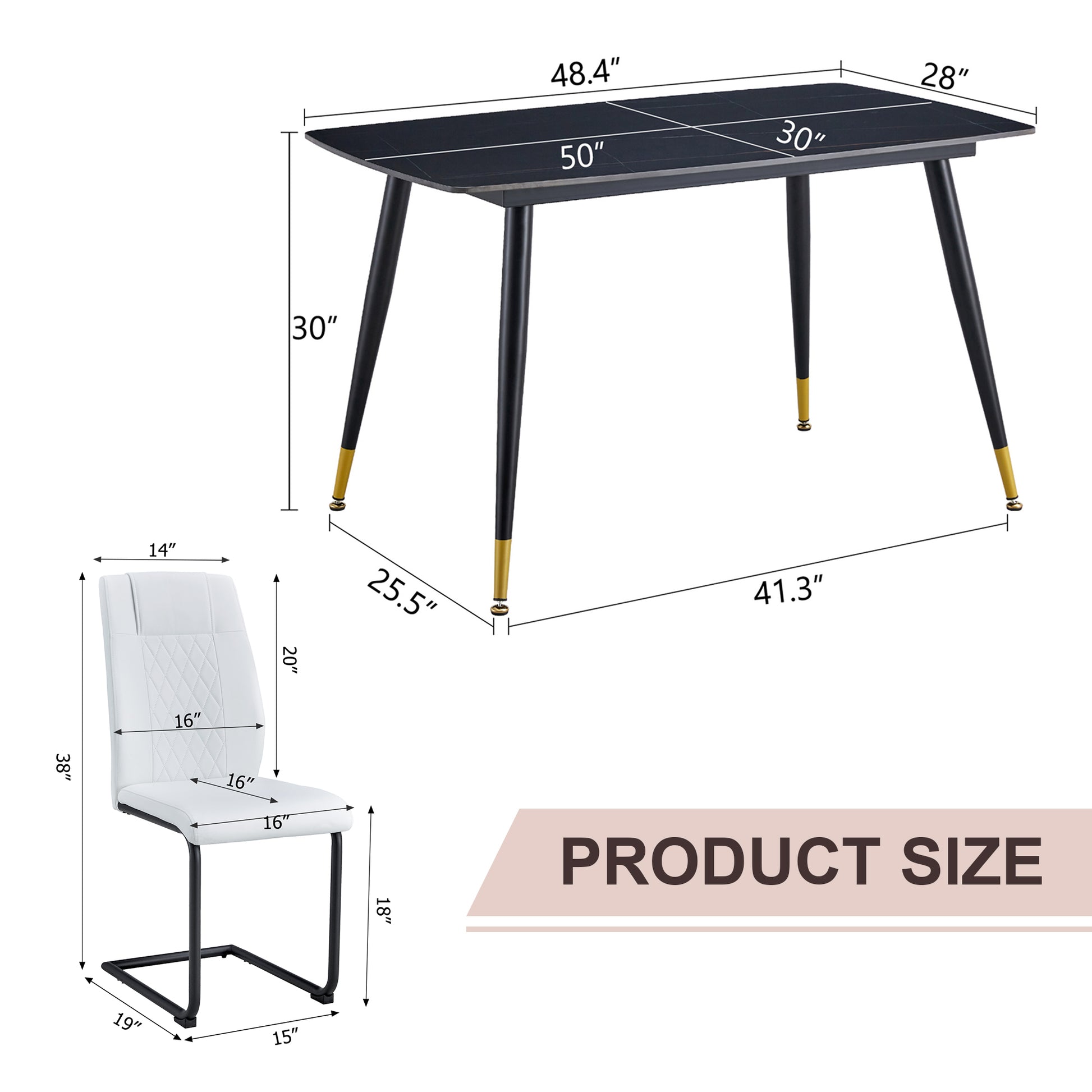 Table And Chair Set. Large Modern Rectangular Table With Black Textured Top And Black Metal Legs. Soft And Comfortable Pu Seats, Faux Leather Upholstered Seats And Sturdy Metal Legs. White Black Seats 4 Sintered Stone