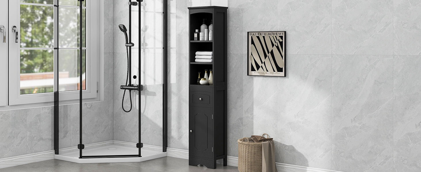 Tall Bathroom Cabinet, Freestanding Storage Cabinet With Drawer, Mdf Board, Adjustable Shelf, Black Black Mdf