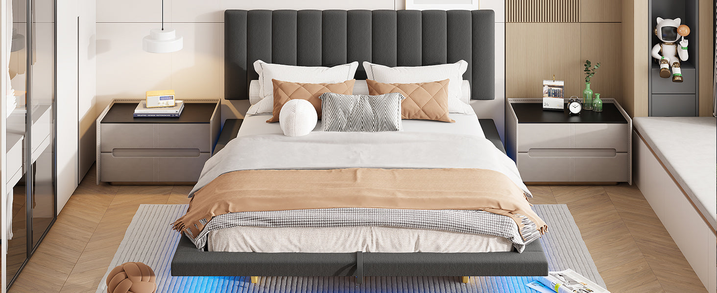 Queen Size Upholstered Floating Bed With Led Light And Usb Port, Velvet, Gray, Hydrualic Platform Bed Queen Gray Velvet