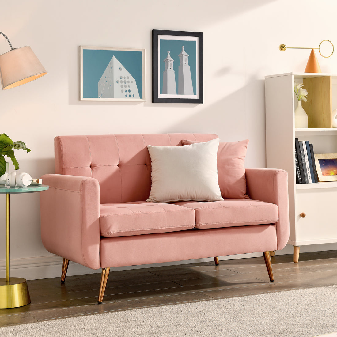 Loveseat Sofa, Mid Century Modern Decor Beautiful Seat Couches For Living Room, Button Tufted Upholstered Small Couch For Bedroom, Solid And Easy To Install Beautiful Seats Furniture,Pink Pink Foam 2 Seat