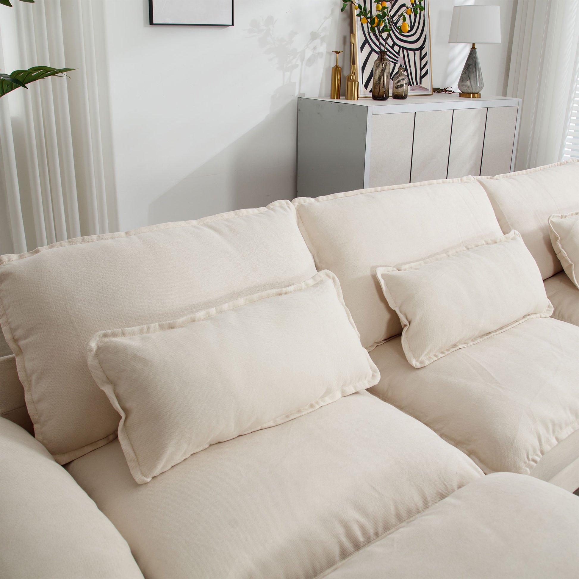 154.8" Oversized Modular Sofaice Velvet Large U Shaped Couch Comfy Upholstered 4 Seat Sofa With 2 Ottoman, 4 Lumbar Pillow, Deep Seat Couch For Living Room Beige Wood Primary Living Space Modern Foam Polyester 6 Seat