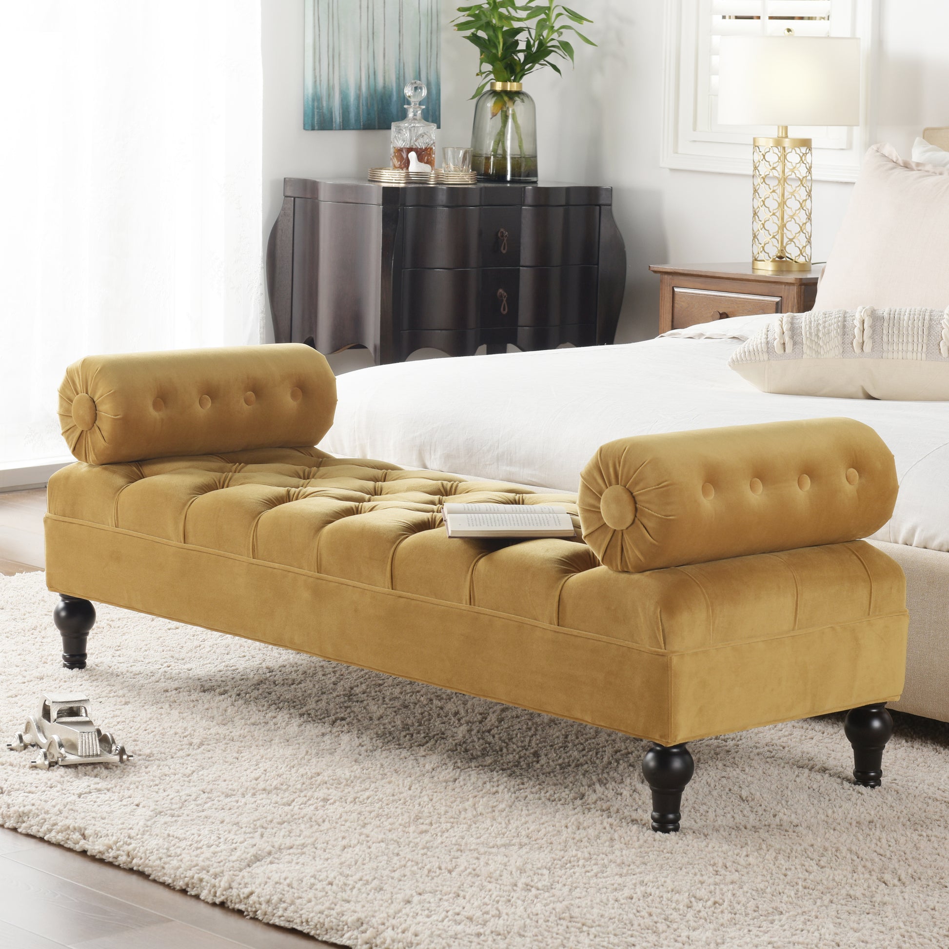 Lewis Bolster Arm Entryway Bench, Gold Velvet Yellow Foam Velvet