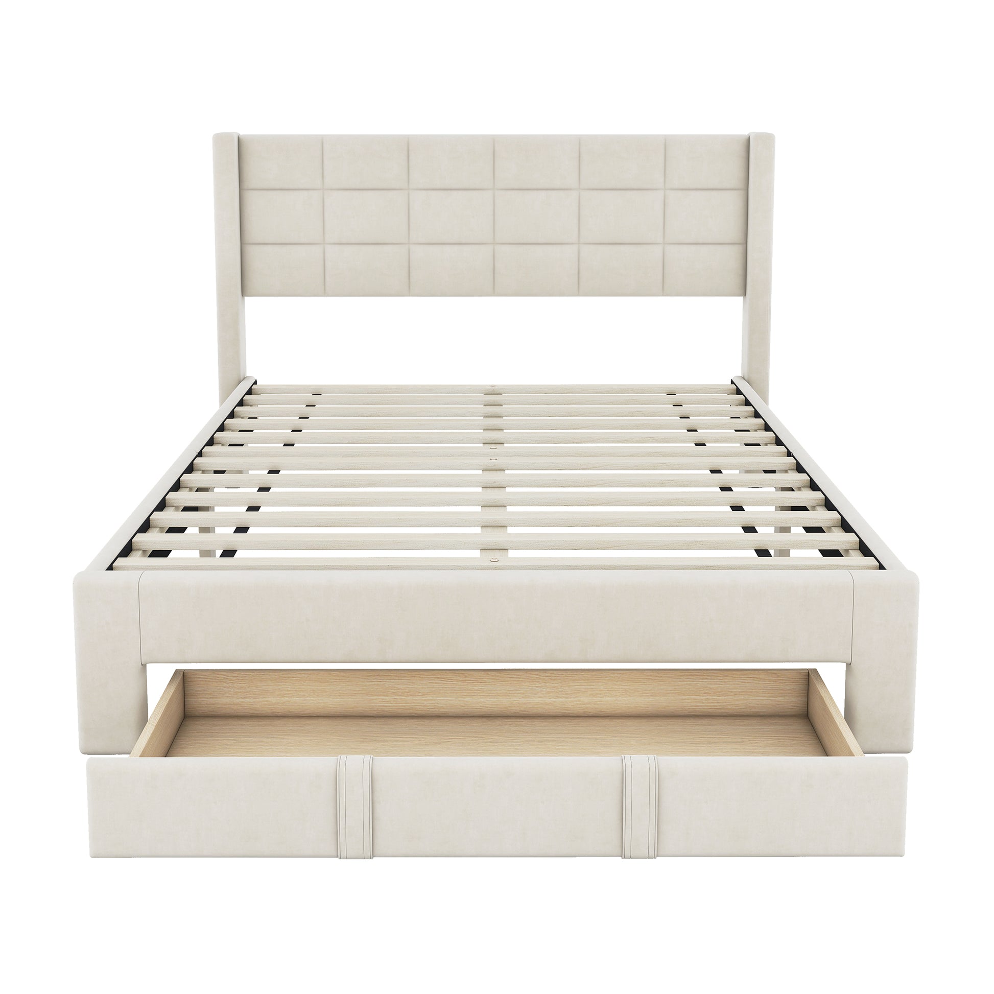 Queen Size Upholstered Platform Bed With A Big Drawer, Beige Box Spring Not Required Queen Beige Wood Bedroom Bed Frame Polyester Upholstered