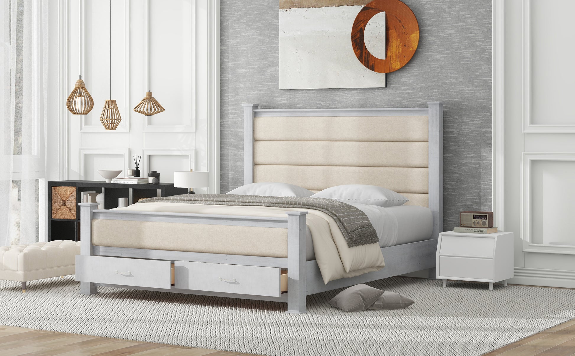 Queen Size Wood Frame Platform Bed With Upholstered Headboard, Footboard And 2 Drawers, Antique White Box Spring Not Required Queen Antique White Wood Bed Frame Solid Wood Mdf