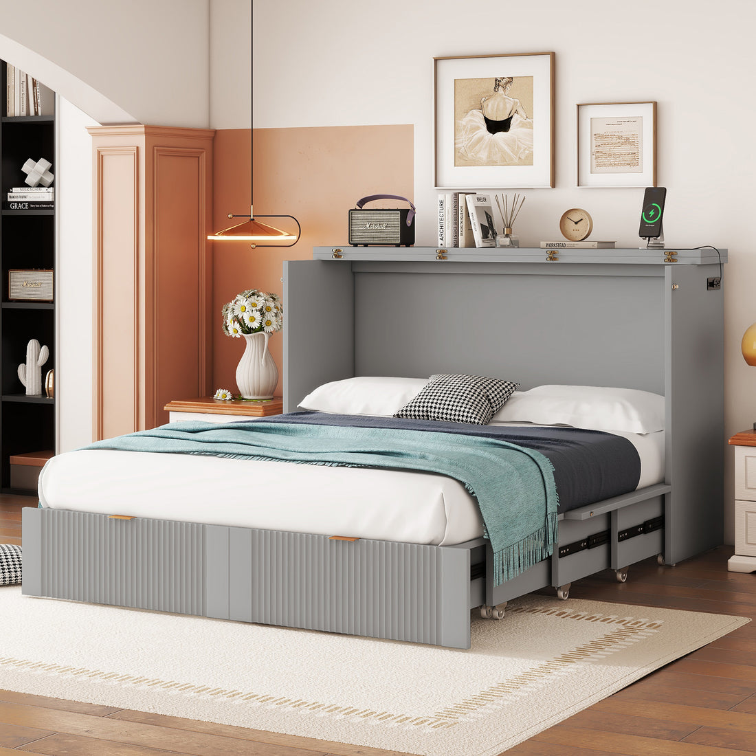 Full Size Murphy Bed With Drawer And A Set Of Sockets & Usb Ports, Pulley Structure Design, Gray Full Gray Plywood
