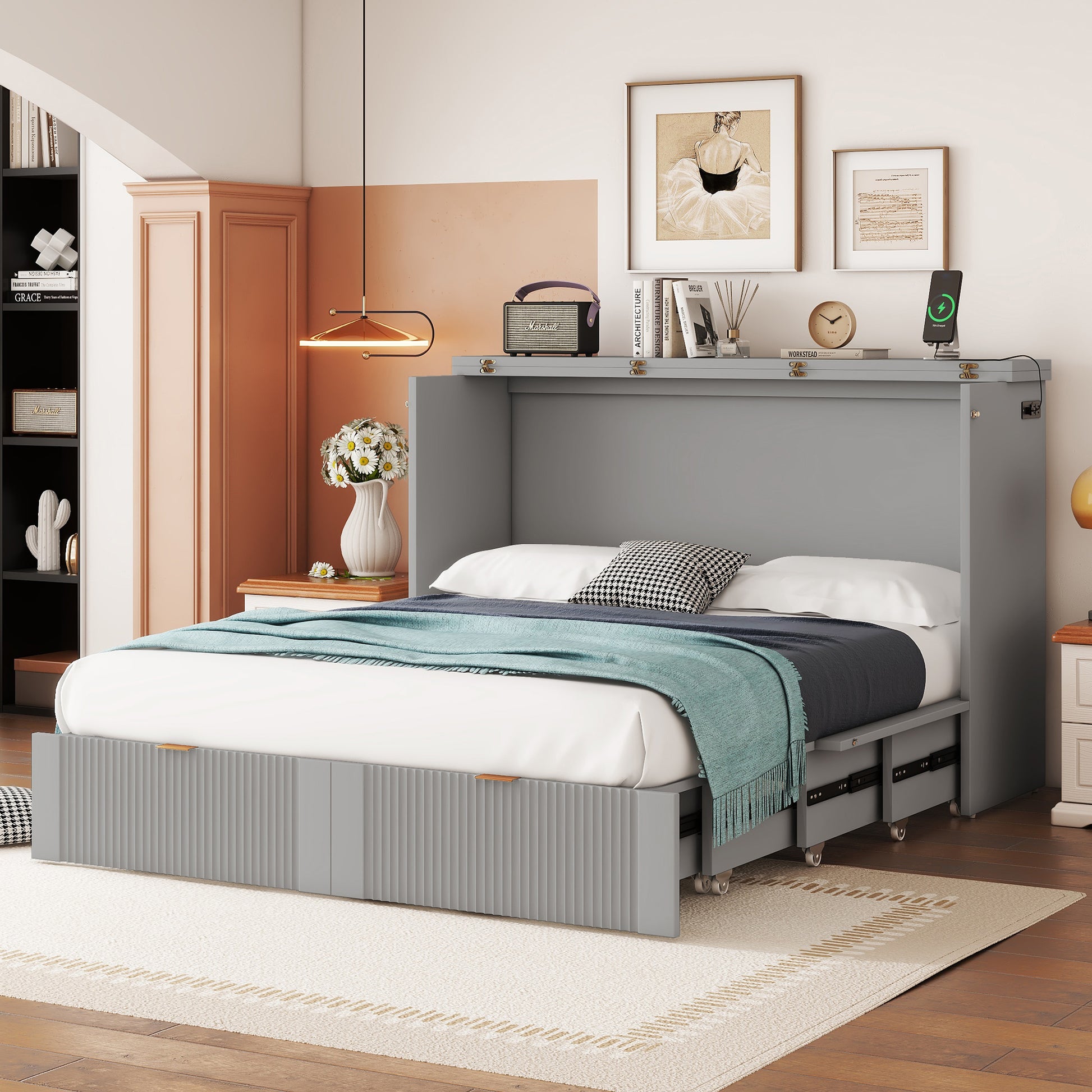 Full Size Murphy Bed With Drawer And A Set Of Sockets & Usb Ports, Pulley Structure Design, Gray Full Gray Plywood