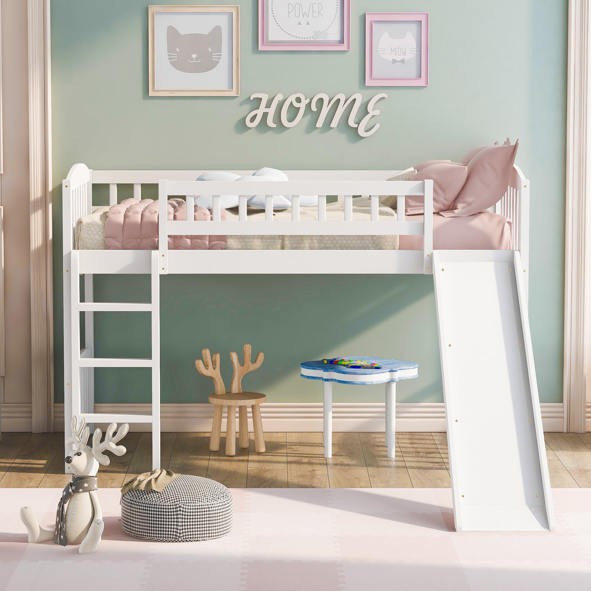Twin Size Loft Bed With Slide And Ladder, White Old Sku: Lt000504Aak White Solid Wood