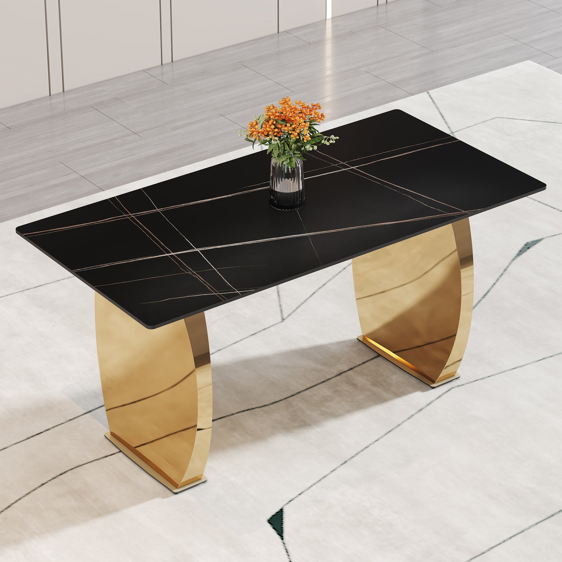 Modern Rectangular Table With 0.4 Inch Black Patterned Tabletop And Gold Legs, Suitable For Kitchen, Dining Room, And Living Room 63 Inches * 31.4 Inches * 30 Inches Gold Sintered Stone