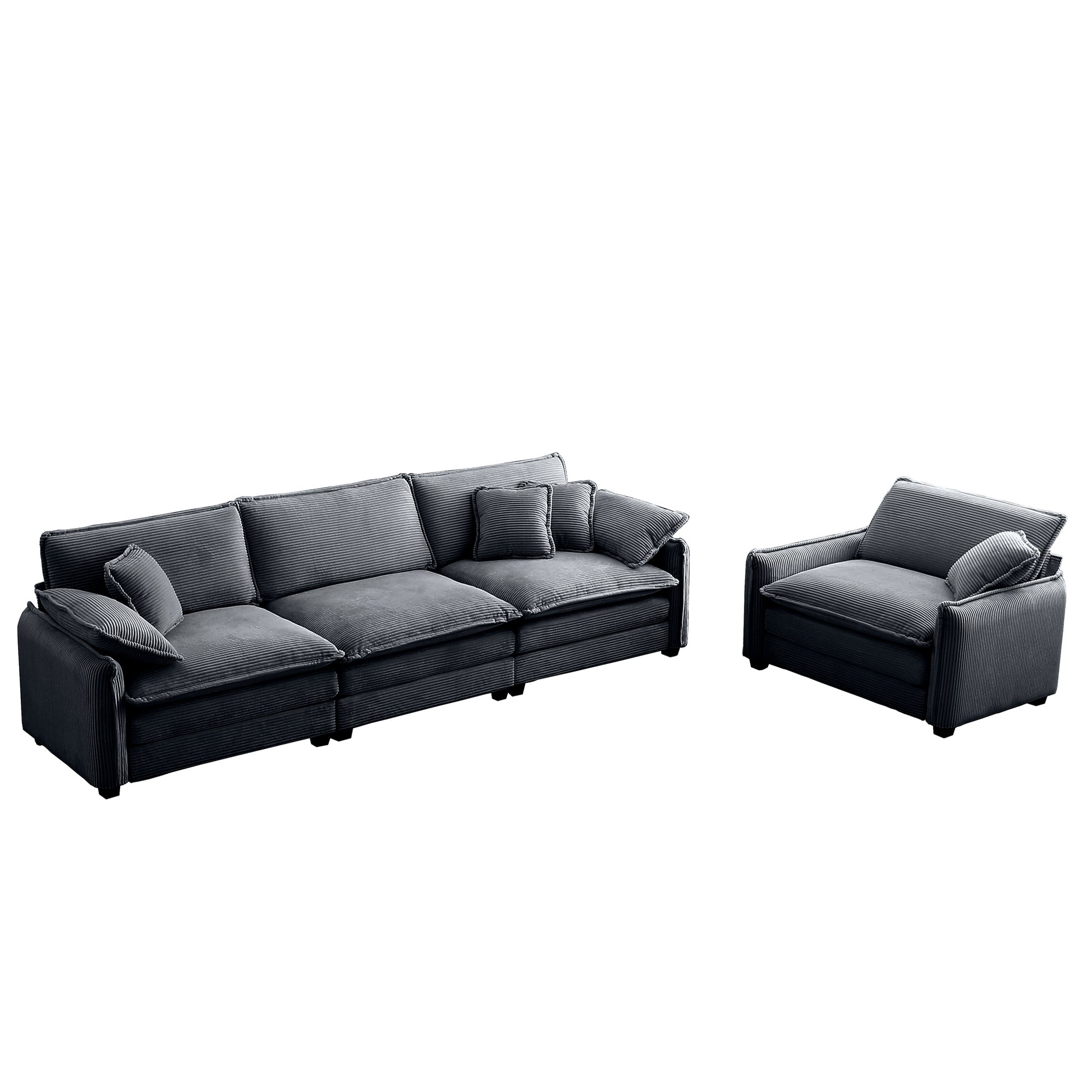 Mid Century Modern Sofa Set Of Two, One 3 Seater Sofa And One Single Seat Sofa With 2 Arm Pillows And 4 Throw Pillows,2 Pieces Sofa Set For Living Room,Grey Corduroy Fabric Grey Corduroy 4 Seat