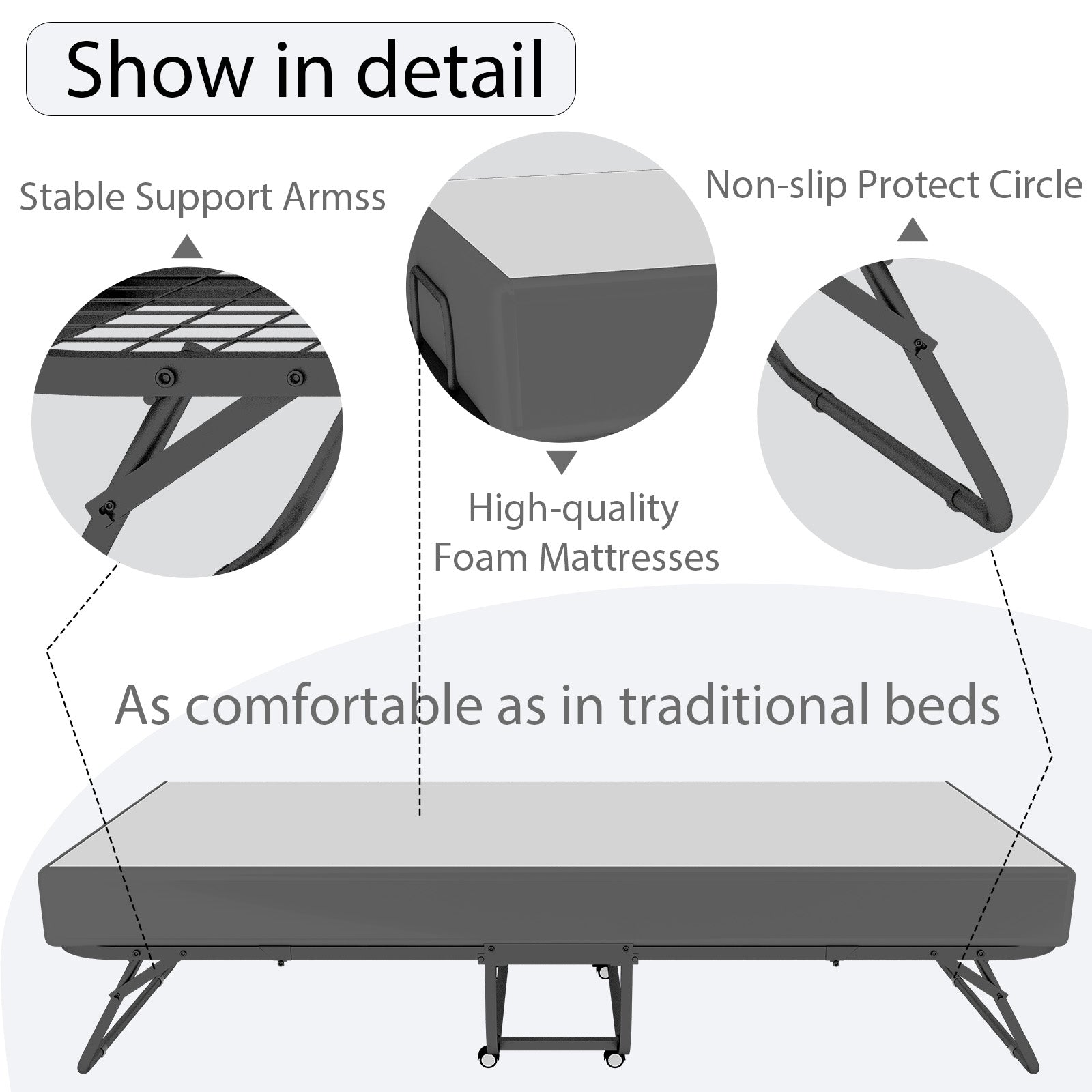 Deluxe Diplomat Folding Bed Twin Size With Luxurious Memory Foam Mattress And A Super Strong Sturdy Frame White Black Metal