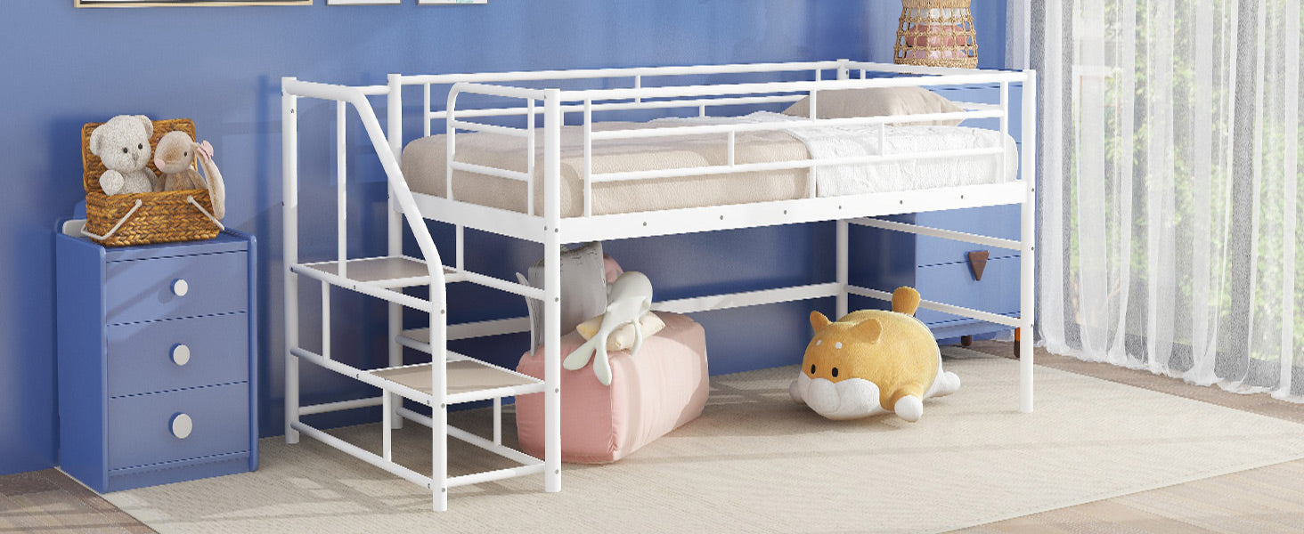 Mid Loft Bed With Storage Stairs, Twin, White Twin White Mdf Metal