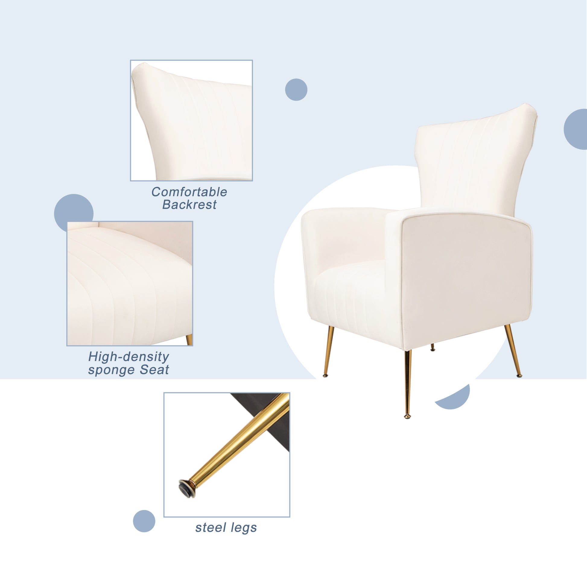 Velvet Accent Chair With Table, Wingback Arm Chair With Gold Legs, Upholstered Single Sofa For Living Room Bedroom, White White Velvet 1 Seat