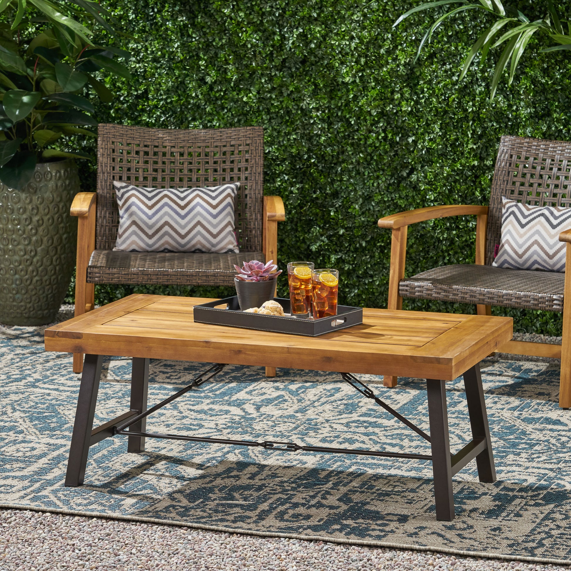 Outdoor Acacia Wood Coffee Table, Teak Finish Rustic Metal Brown And Black, 27.25"D X 45.75"W X 18"H Brown Acacia Wood