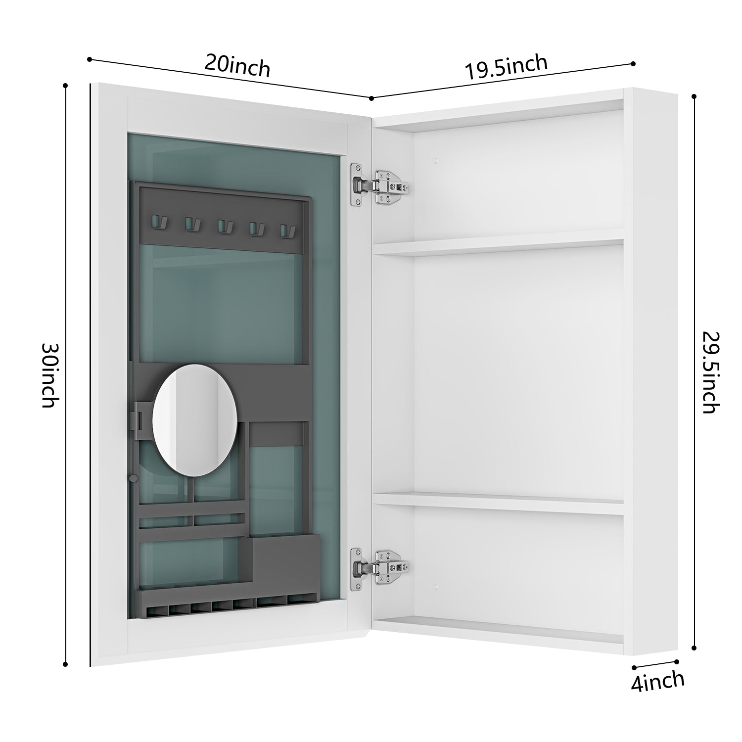 20'' W X 30'' H Bathroom Mirror Medicine Cabinet Wooden Door Medicine Cabinets For Bathroom, Wall Mounted Recessed Or Surface, Bathroom Mirror With Storage, Left Opening Door White Engineered Wood