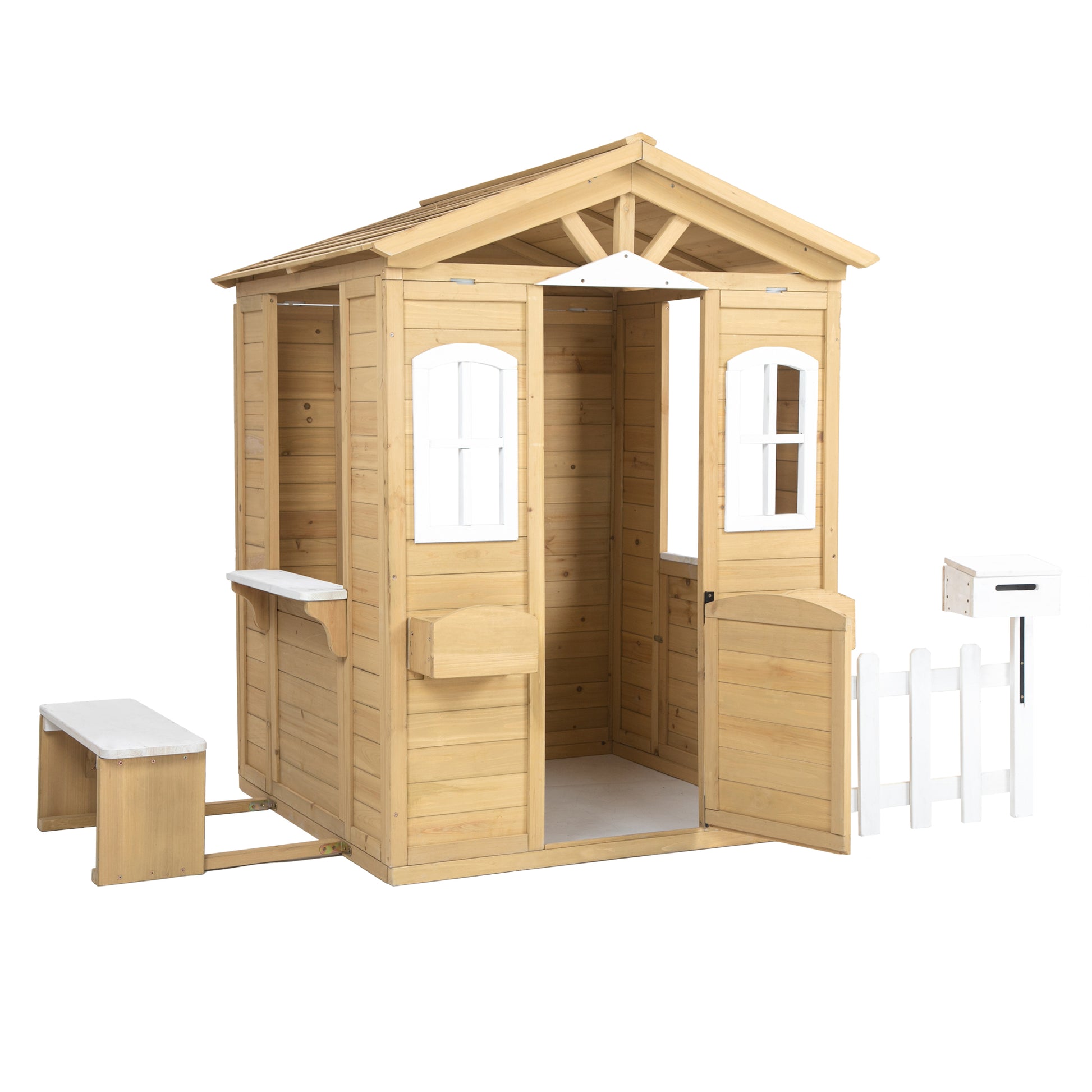 Wooden Playhouse For Kids Outdoor With Working Door, Windows, Mailbox, Bench, Flowers Pot Holder, 39" X 38" X 55.5" Natural Solid Wood
