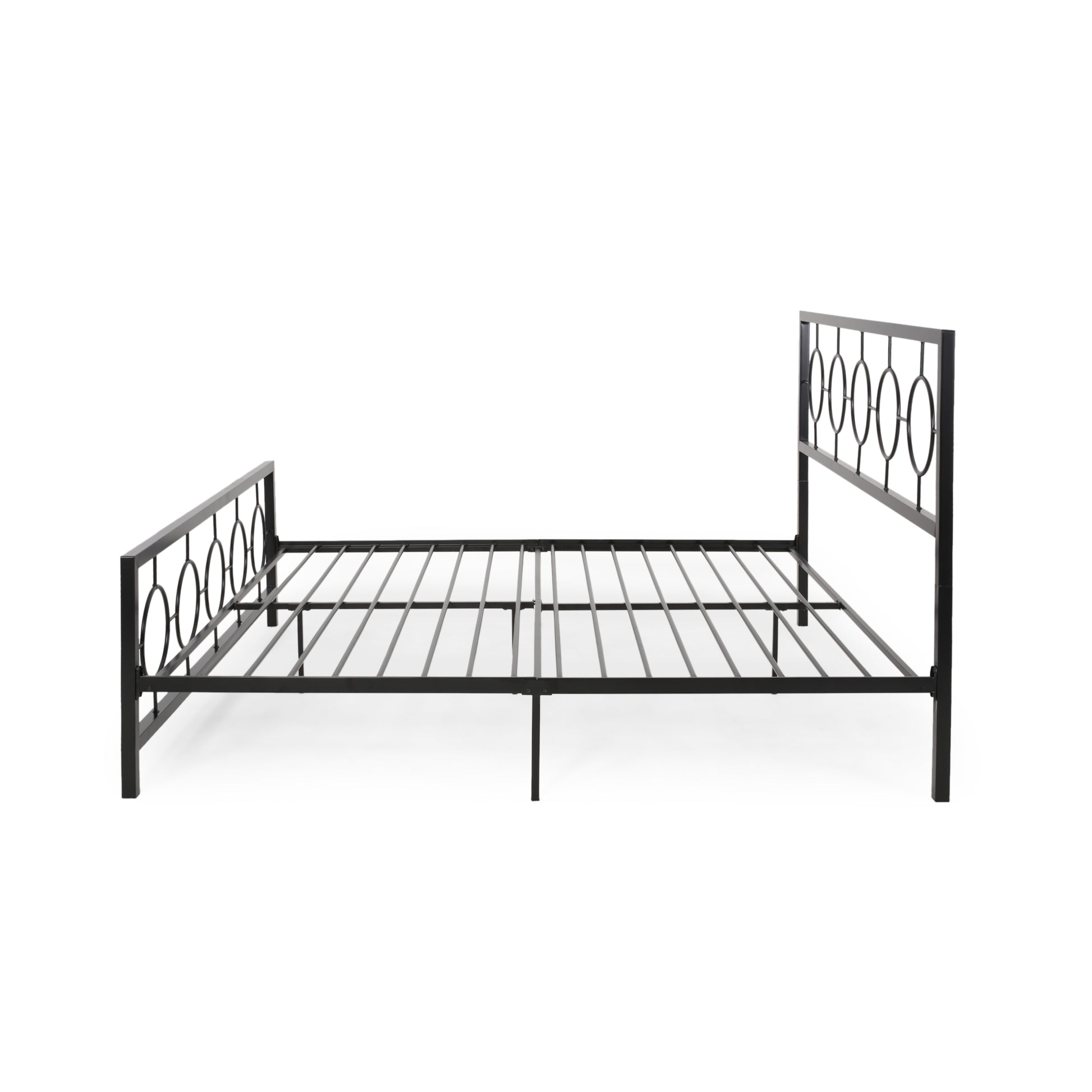 King Size Classical Metal Bed Frame With Circular Design Headboard And Footboard, Under Bed Space, Black King Black Iron