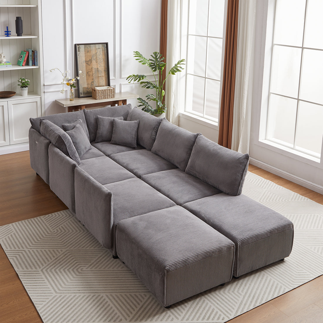 Multi Module Combination Style Sofa For Living Room, Bedroom And Other Lounge Spaces, Modern Minimalist Corduroy Combination Sofa With 2 Comfort Cushions With Usb & C Charging Ports,Gray,Two Sets Gray Foam Fabric 8 Seat