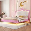 Full Size Upholstered Bed Frame With Led Lights, Modern Upholstered Princess Bed With Crown Headboard, Pink White Box Spring Not Required Full Pink White Wood Bedroom Modern Bed Frame Pu
