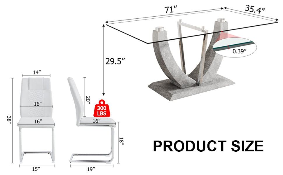 Table And Chair Set, Large Modern Rectangular Glass Table, Can Accommodate 6 8 People, Equipped With A 0.39 Inch Tempered Glass Tabletop And Large Mdf Table Legs, Comfortable And Soft Chairs. Transparent Glass