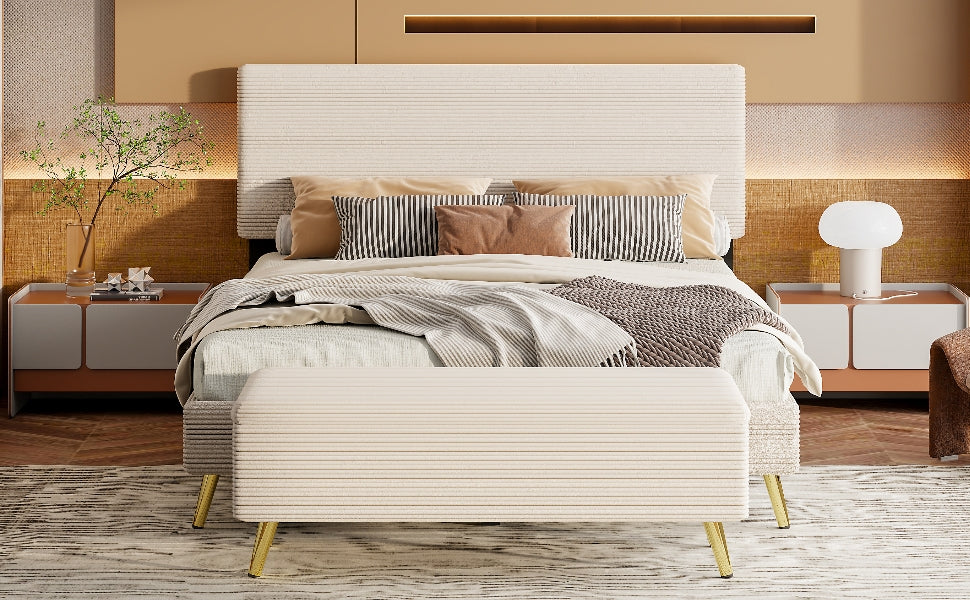 2 Pieces Bedroom Sets Queen Size Upholstered Bed Frame, Modern Corduroy Storage Ottoman,Beige Queen Beige 2 Piece Set Solid Wood Mdf
