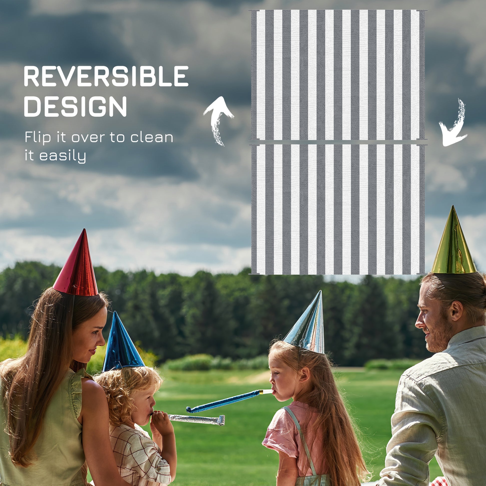 Outsunny Reversible Outdoor Rug, 9' X 12' Waterproof Plastic Straw Floor Mat, Portable Rv Camping Carpet With Carry Bag, Large Floor Mat For Backyard, Deck, Picnic, Beach, Gray & White Striped Multicolor Polypropylene