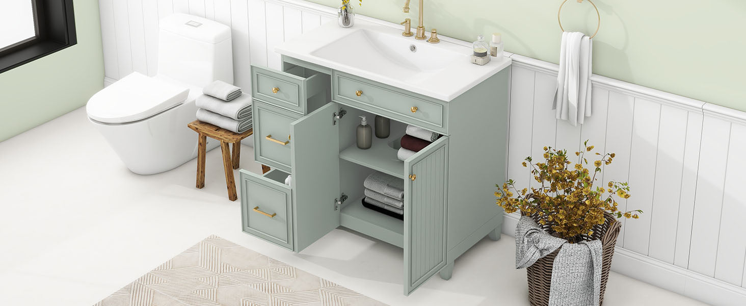 36 Inch Bathroom Vanity, Transitional Style Bathroom Cabinet With Resin Sink, Green Single Bathroom Cabinet, With 2 Drawers And 1 Adjustable Storage Shelf, 2 Soft Close Doors Green Bathroom Solid Wood Mdf Resin