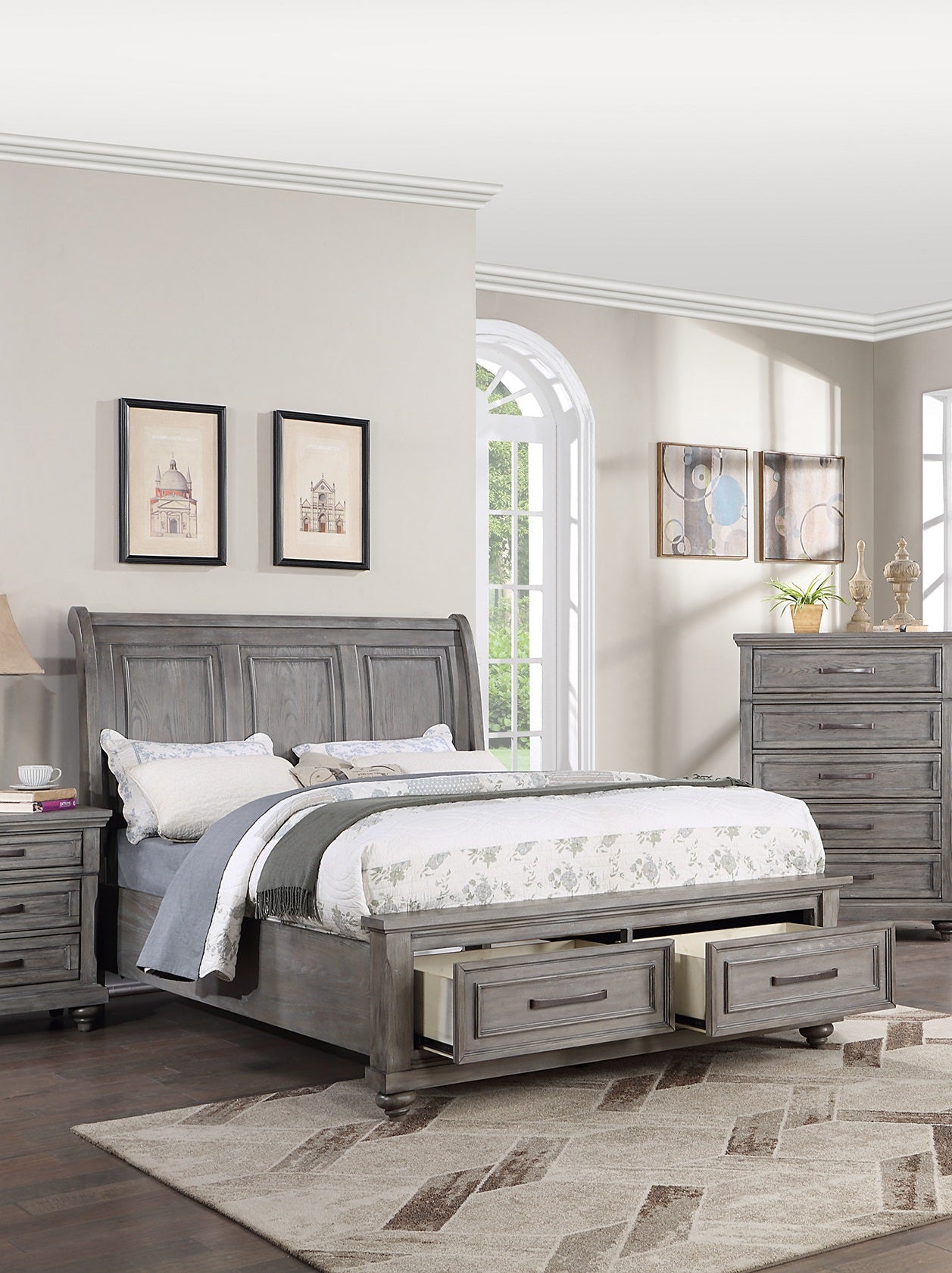Eastern King Size Bed W Under Bed Drawer Vintage Look Gray Color Beautiful Panel 1Pc Bedframe Bedroom Box Spring Required King Antique Gray,Gray Wood Bedroom Contemporary,Modern,Transitional Storage