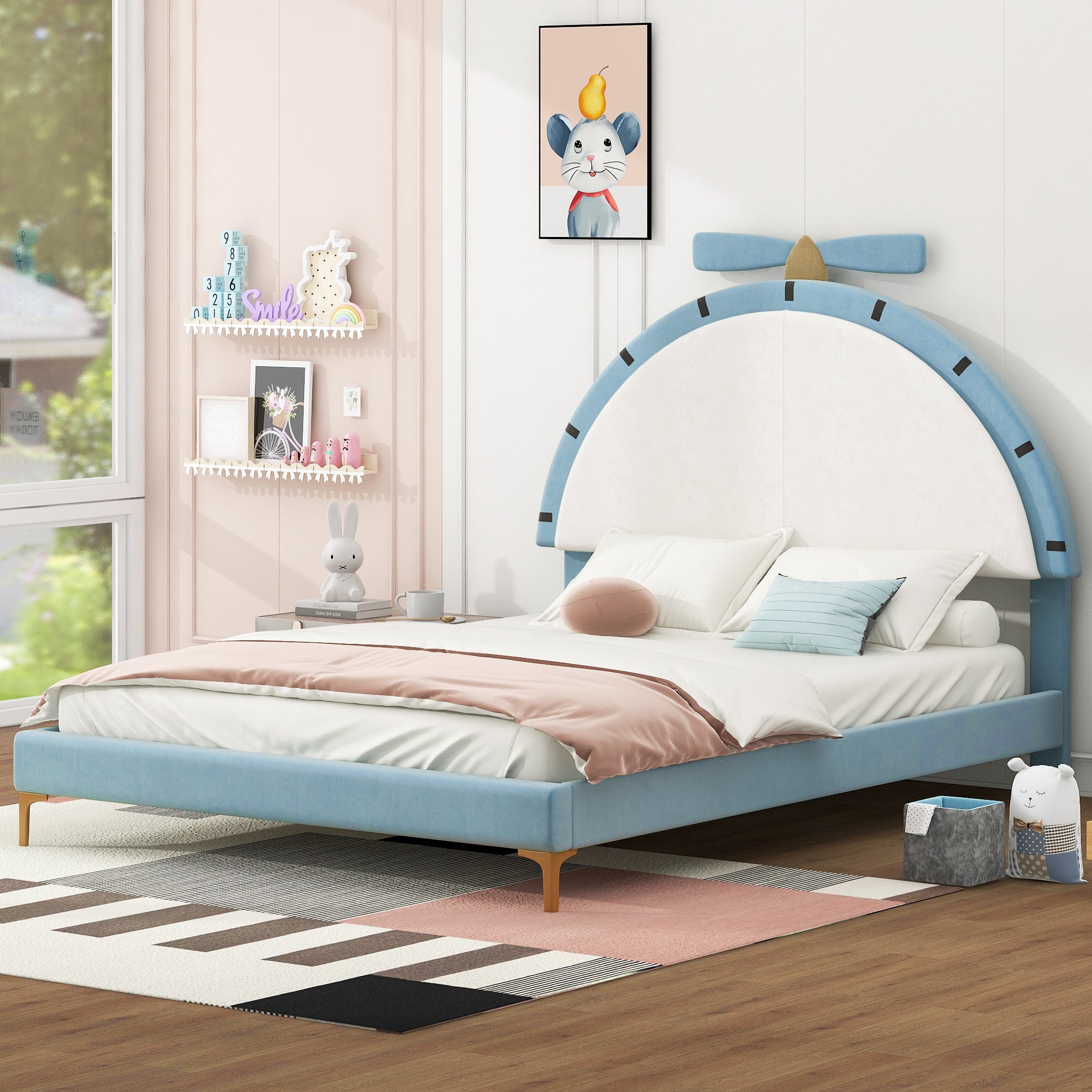 Full Size Upholstered Platform Bed With Alarm Clock Shaped Headboard, Blue Box Spring Not Required Full Blue Wood Bedroom Bed Frame Velvet Upholstered