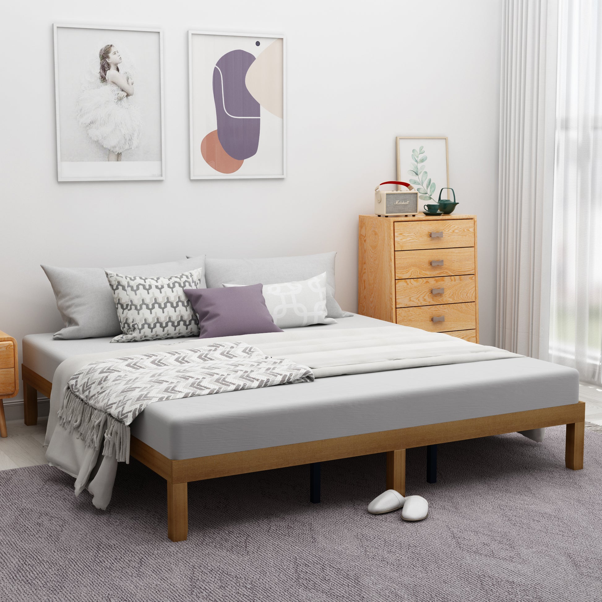 Queen Size Wood Platform Bed Frame,No Box Spring Needed,Strong Wood Slat Support, Easy Assembly Queen Brown White Rubber Wood