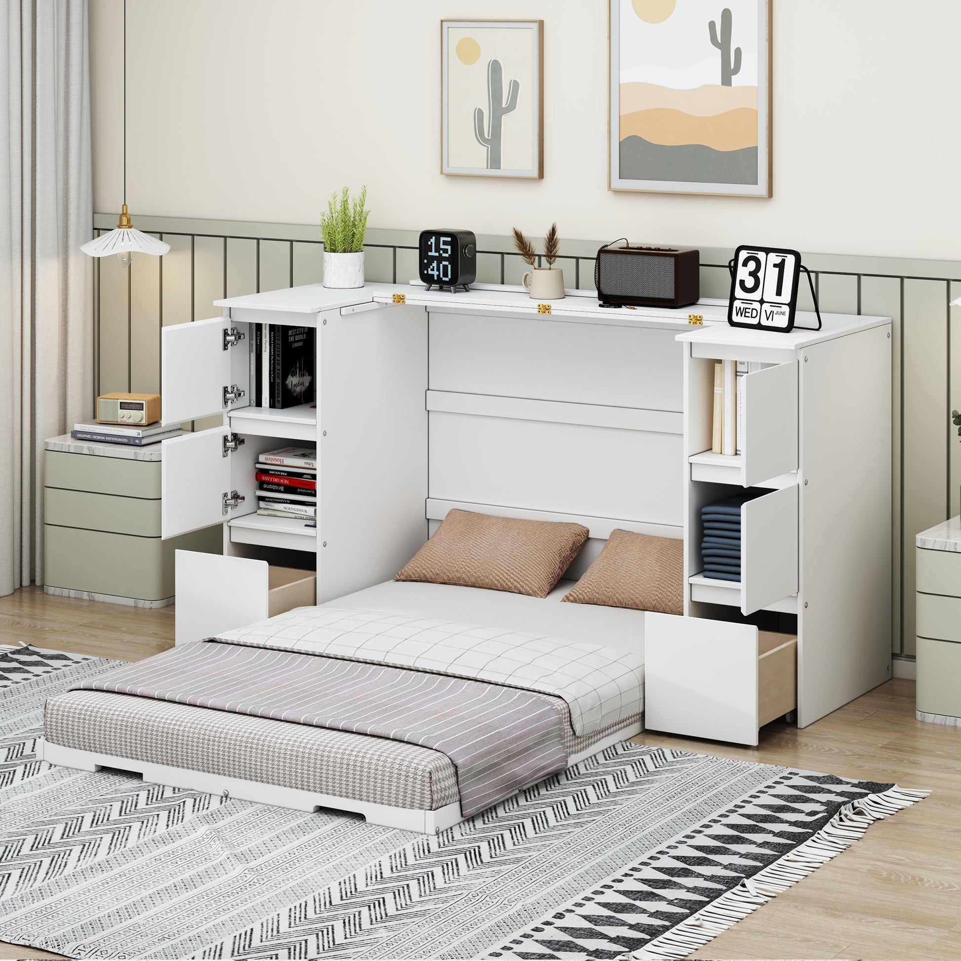 Twin Size Murphy Bed With Drawers, Cabinets And Usb Ports,White Twin White Mdf Lvl