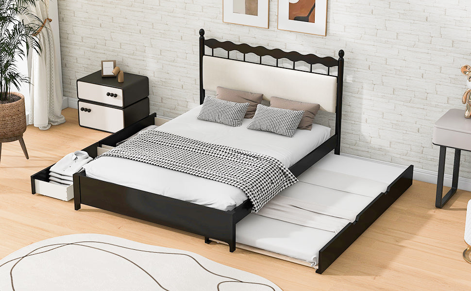 Queen Size Wooden Storage Platform Bed, With 2 Big Drawers, T Size Trundle ,Espresso Queen Espresso Plywood