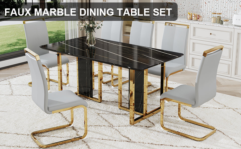 Table And Chair Set. Modern Dining Table With Mdf Top And Beautiful Mdf Legs. Equipped With Comfortable Pu Chairs And Metal Legs. Suitable For A Wide Range Of Decorative Styles. Black,Light Gray Seats 6 Mdf
