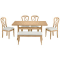Retro 6 Piece Trestle Dining Table Set With Upholstered Dining Chairs And Dining Bench, Smooth Dining Backs For Dining Room, Living Room, Kitchen, Natural Upholstered Chair Wood Natural Beige Seats 6 Wood Dining Room Solid Wood Rubberwood Trestle