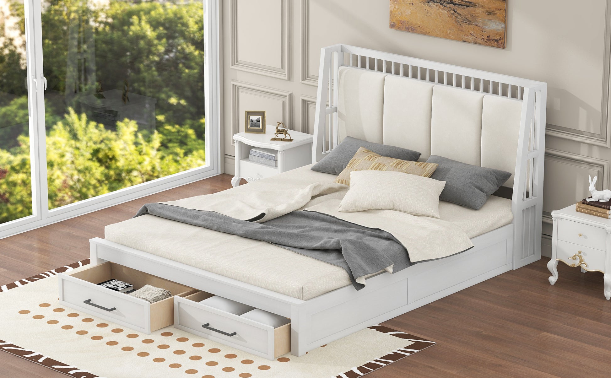 Queen Size Wood Platform Bed With Upholstered Headboard And 2 Drawers, Antique White Box Spring Not Required Queen White Wood Bed Frame Solid Wood Mdf