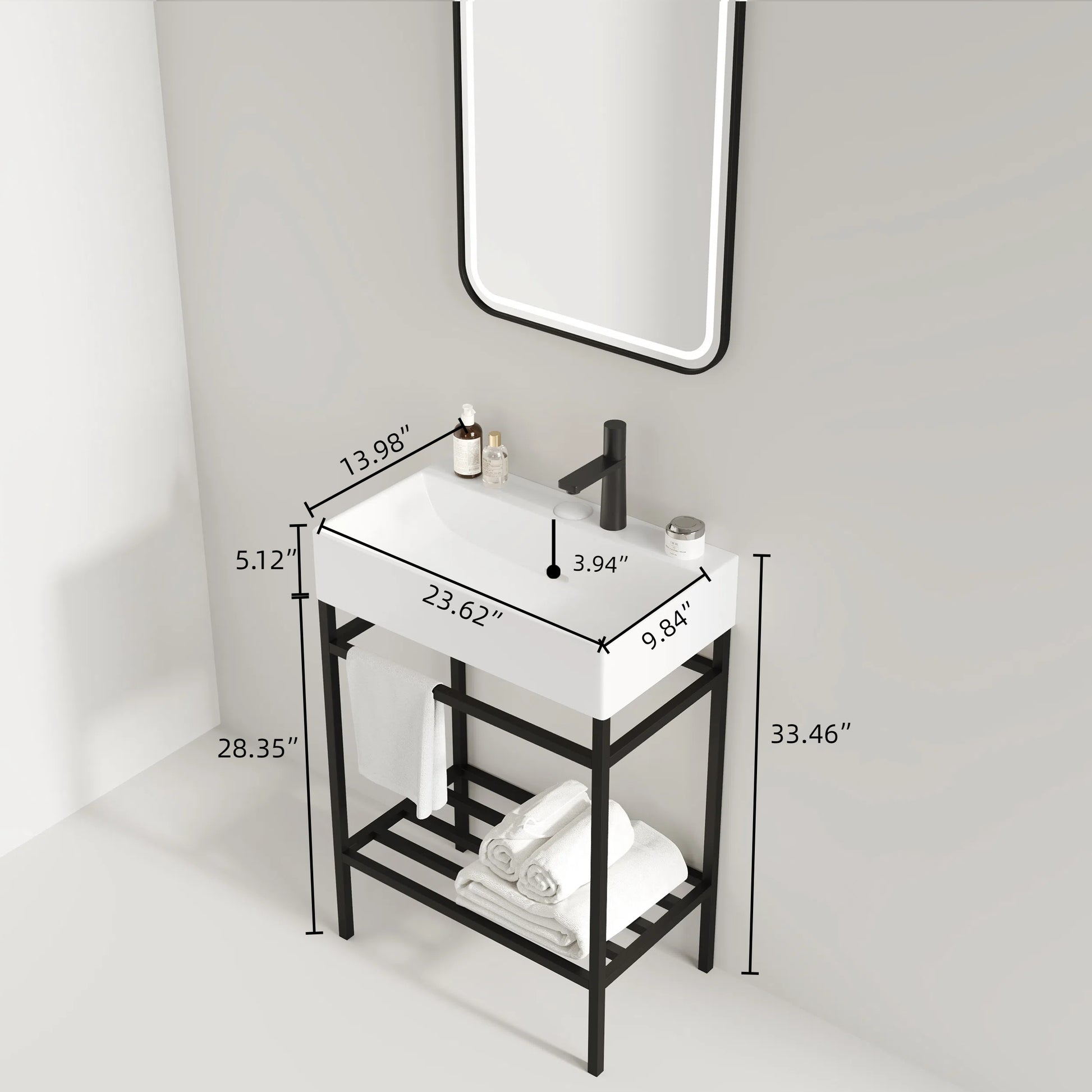 Lofi 24" Bathroom Vanity With Ceramic Basin, Freestanding Bathroom Console Sink Set, Glossy White Rectangular Ceramic Basin Without Faucet, Open Metal Leg, Storage Shelves, Black White Black