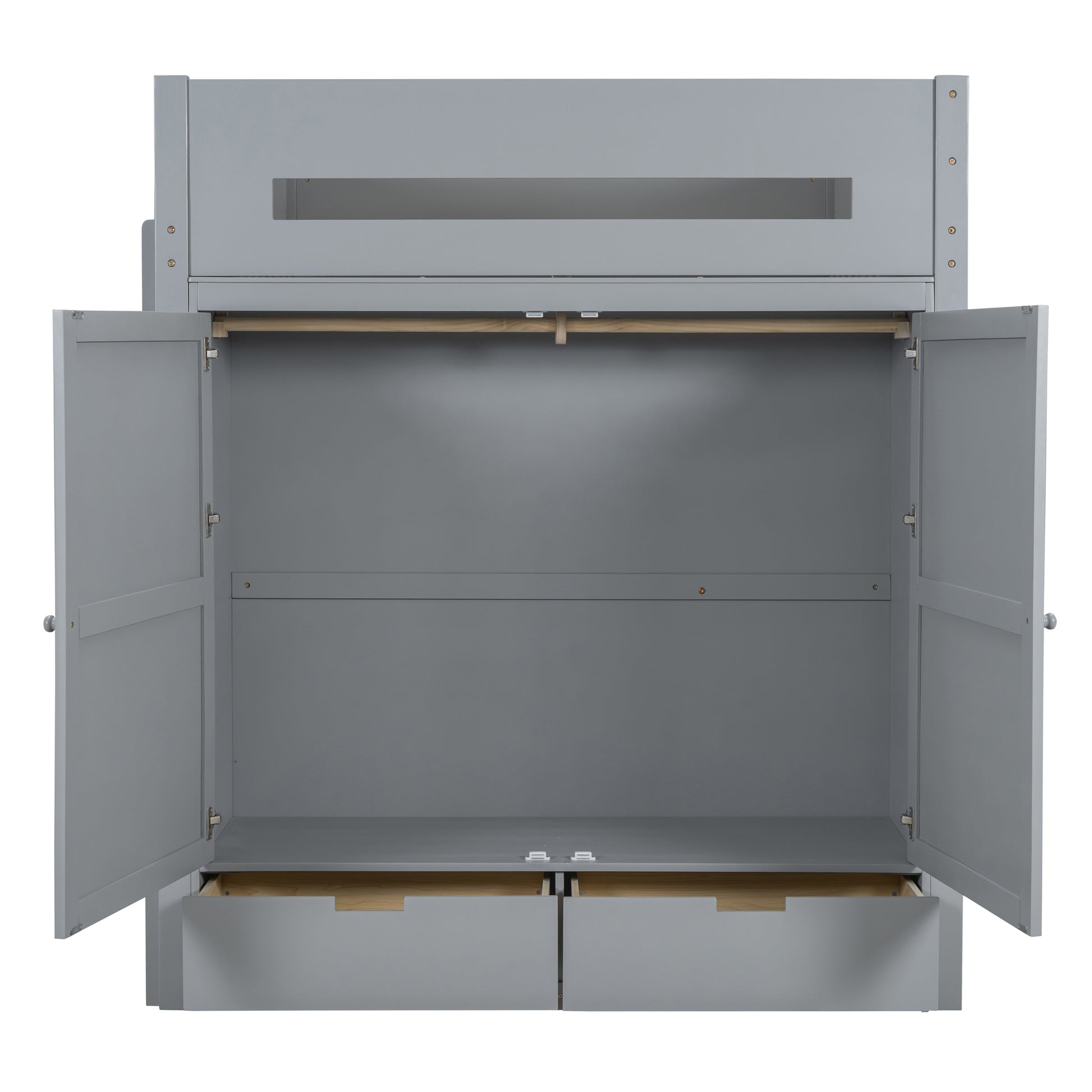 Full Size Wooden Loft Bed With Wardrobe, Desk, Drawers, Shelves, Gray Full Gray Plywood