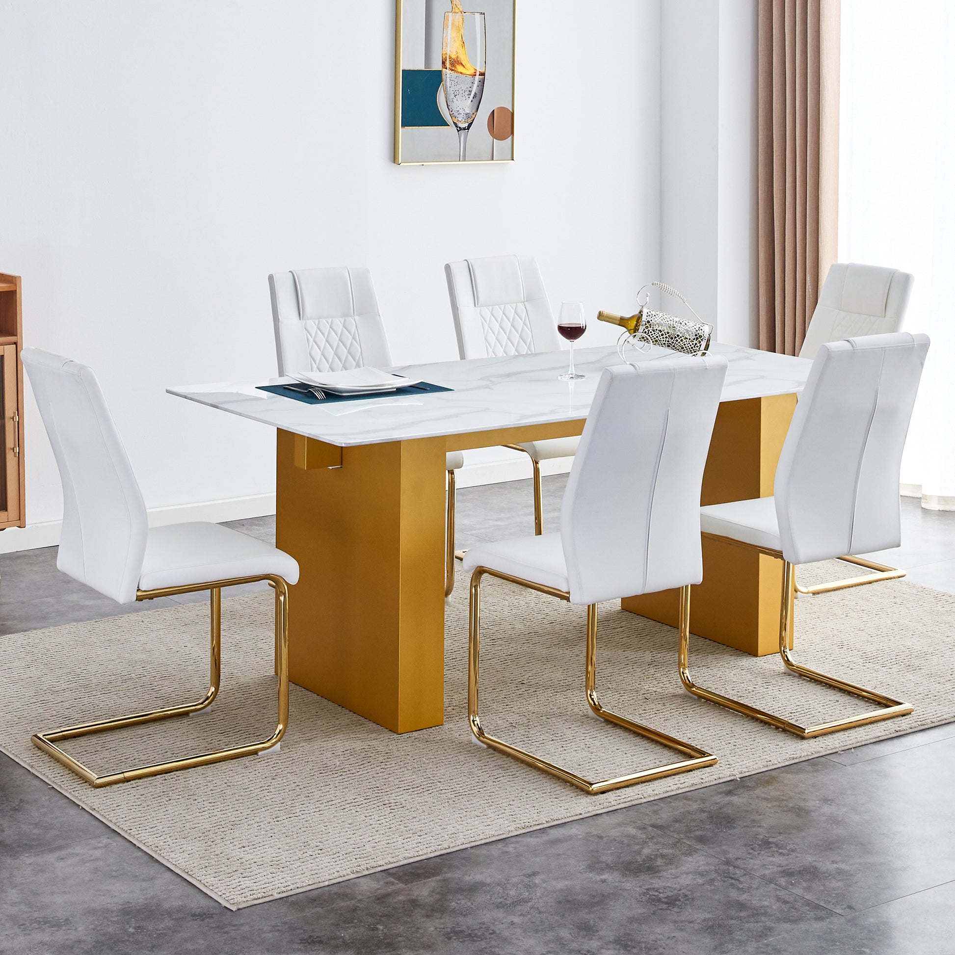Large Modern Rectangular Table With 0.4 Inch Patterned Tabletop And Large Mdf Table Legs, Suitable For Kitchen, Dining Room, And Living Room 71 "* 35.4" * 30 " 1546 Gold Mdf Glass