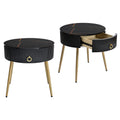 19.6'' Easy Assembly End Tables With High Gloss Faux Marble Tabletops, Set Of 2, Modern Fluted 2 Side Tables With Drawers, Round Coffee Tables With Golden Legs For Living Room, Black Black Gold Primary Living Space Drawers Round Mdf Iron
