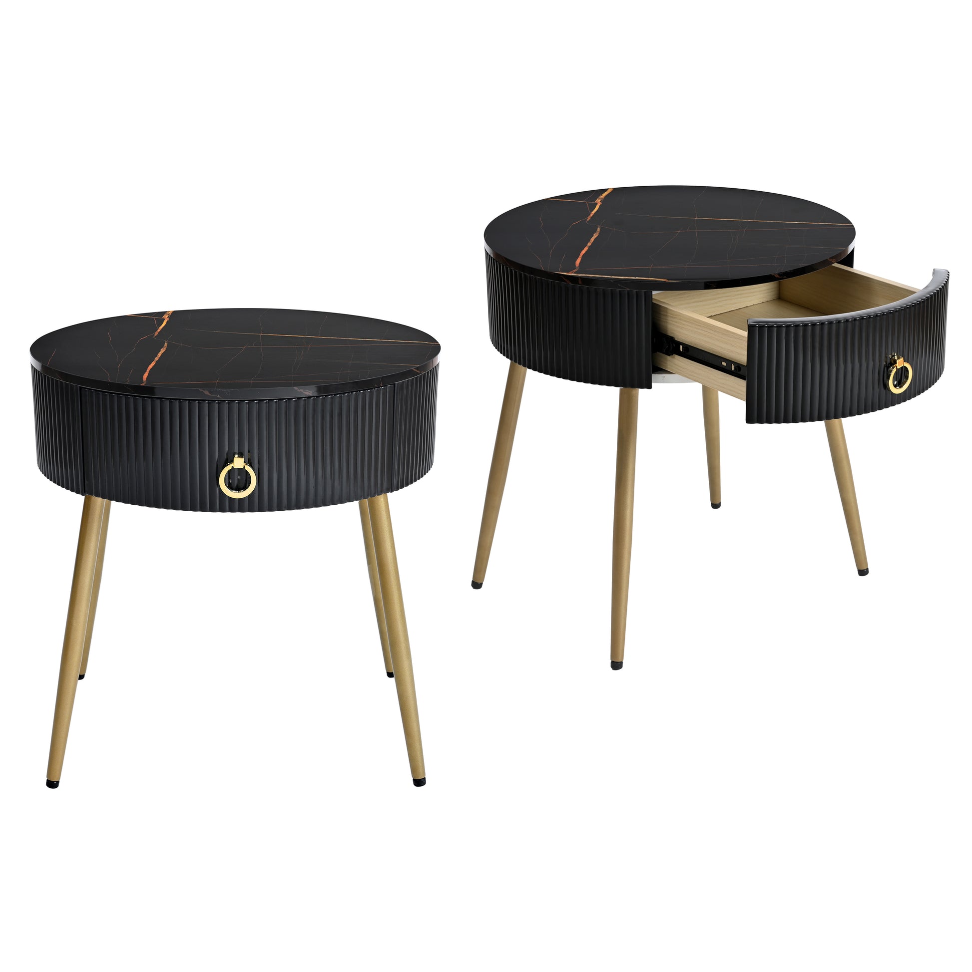 19.6'' Easy Assembly End Tables With High Gloss Faux Marble Tabletops, Set Of 2, Modern Fluted 2 Side Tables With Drawers, Round Coffee Tables With Golden Legs For Living Room, Black Black Gold Primary Living Space Drawers Round Mdf Iron