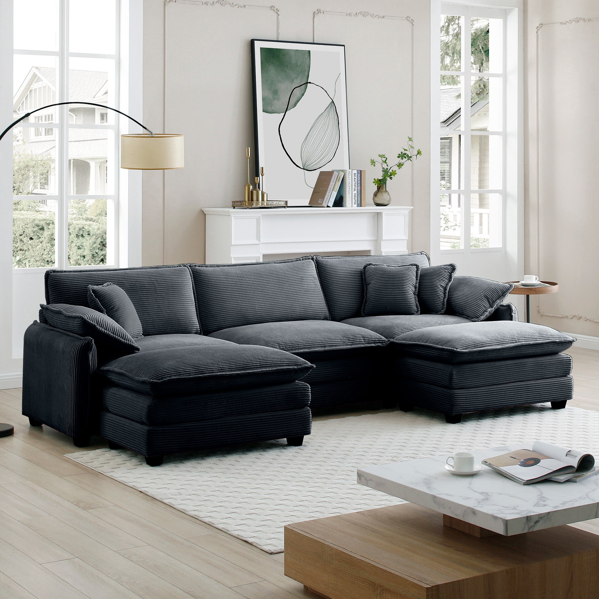 Oversized Modular Cushioned Sofa With Conversible Ottoman, 3 Seater Sofa With 2 Footstools, U Shape Sofa Ingrey Corduroy Fabric Grey Corduroy 3 Seat