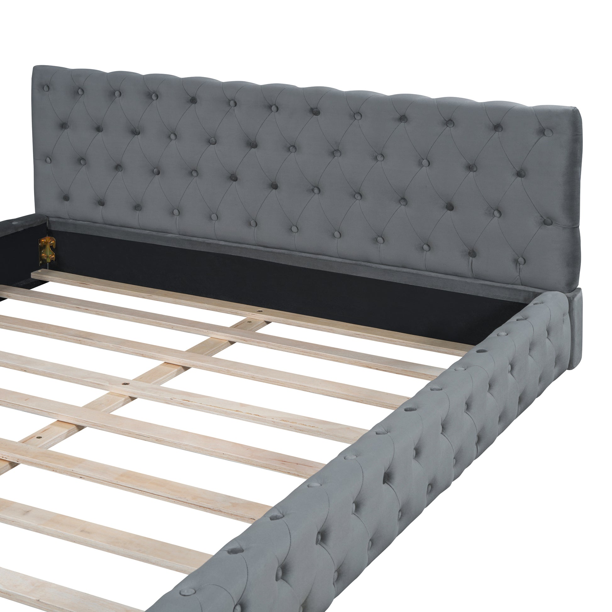 Queen Size Velvet Upholstered Platform Bed, With Luxurious Diamond Grid Headboard,Gray Queen Gray Plywood