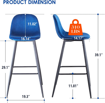 Bar Stools Set Of 2, 30 Inches Velvet Barstool Modern Counter Bar Height Chair With Back, Sturdy Metal Legs & Footrests, Easy Assembly, Island Stool For Kitchen Bar Dark Grey Velvet