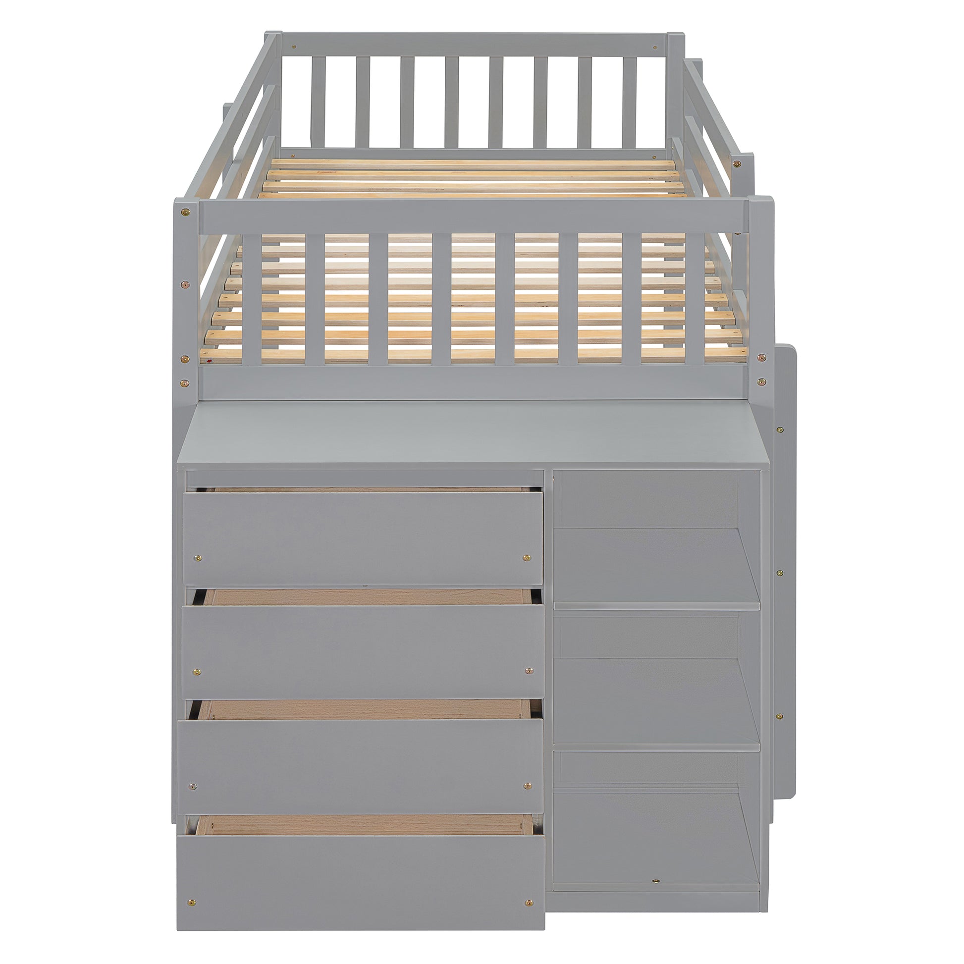 Twin Over Twin Bunk Bed With 4 Drawers And 3 Shelves Gray Twin Gray Solid Wood