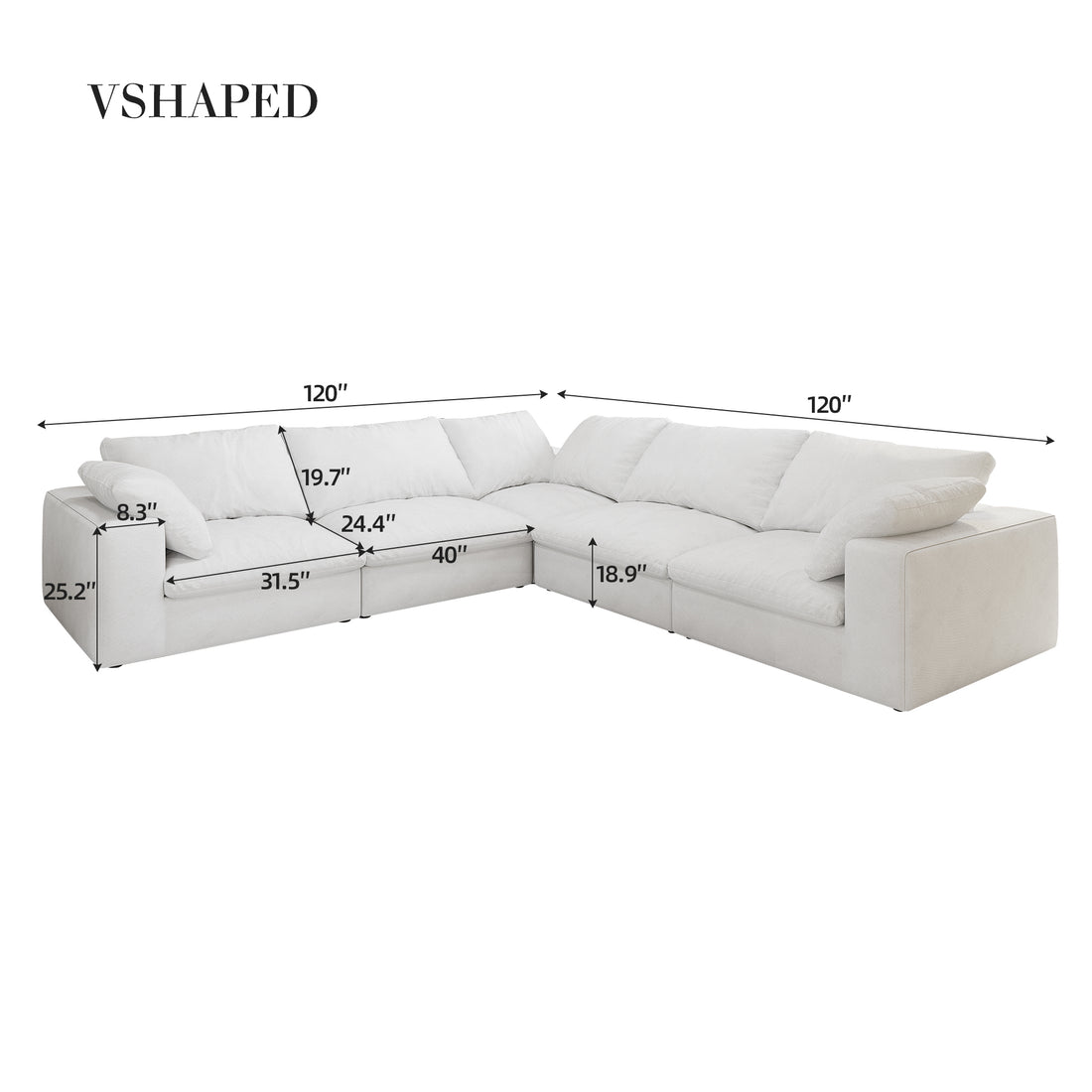 Cloud Sectional Sofa 160'', Down Filled Comfortable V Shape Sofa For Living Room, Simple Wide And Deep Seat Convertible Sofa For Office Apartment Vshaped 5Seaters White Primary Living Space Soft Modern Pillow Top Arms Down Filling Down