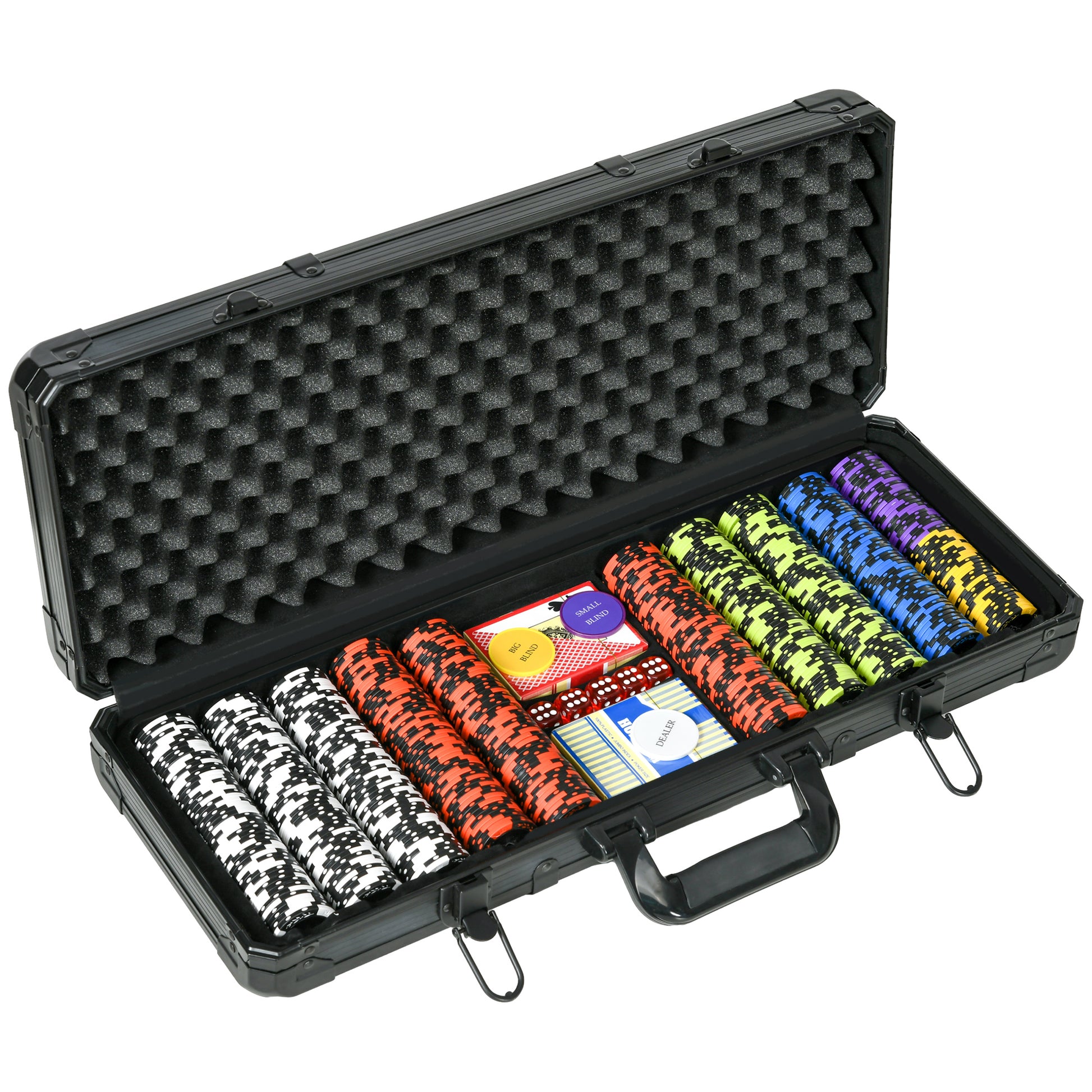 Soozier Poker Chip Set With 6 Denominations, 500 Chips, 14 Gram Clay, Casino Poker Chips With Aluminum Case, 2 Decks Of Playing Cards, Dealer Button & 5 Dice For Texas Hold'Em Black Aluminium